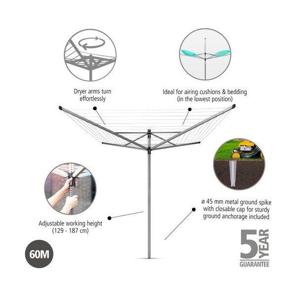 Vrtno stojalo za sušenje perila v srebrni barvi 60 m Lift-O-Matic – Brabantia-image-3