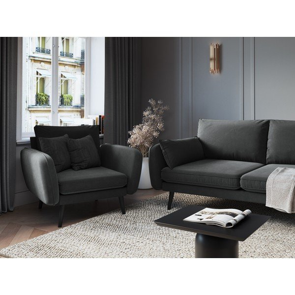 Temno siv žametni fotelj s črnimi nogami Kooko Home Lento-image-1