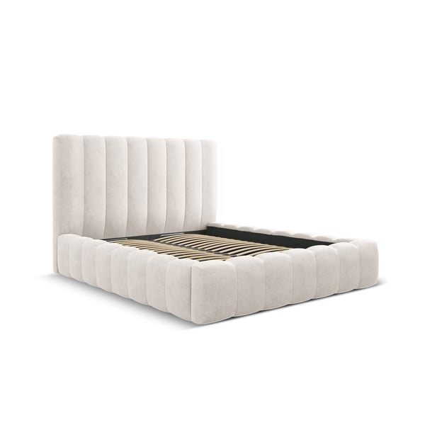 Kremno bela oblazinjena zakonska postelja s prostorom za shranjevanje z letvenim dnom 200x200 cm Kelp – Micadoni Home