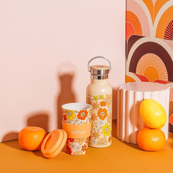 Oranžna steklenička iz nerjavečega jekla za dojenčke 500 ml 70s Floral - Sass & Belle-image-1