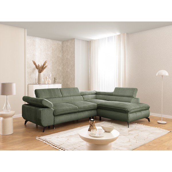 Zelena kotna sedežna garnitura iz rebrastega žameta (desni kot/v obliki črke L) Marbeya  – Ropez-image-1