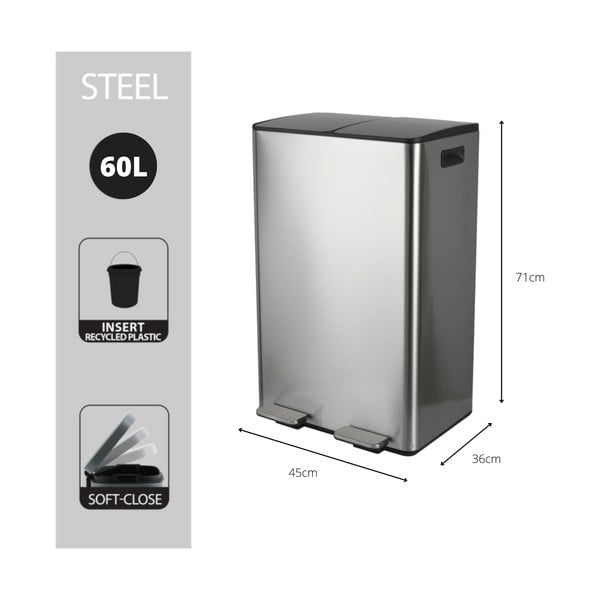 Jeklen koš za smeti za ločevanje odpadkov v mat srebrni barvi s pedalom 2x30 l Aliya – Spirella-image-4