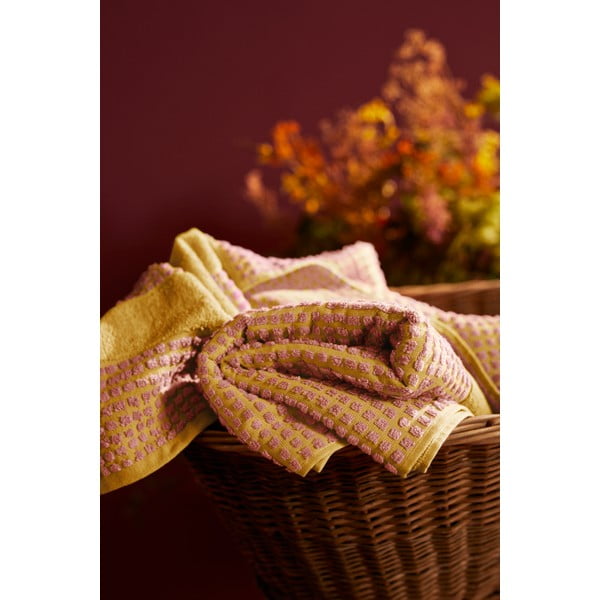 Rumena/rožnata frotirna brisača iz organskega bombaža 50x100 cm Check – JUNA-image-3