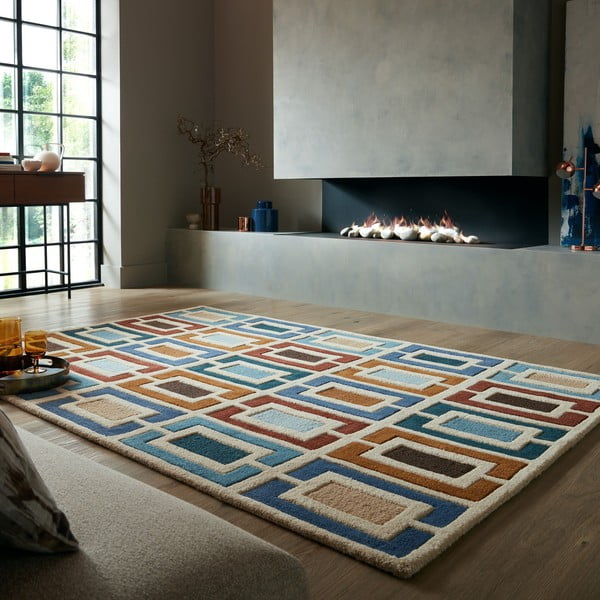 Modra/oranžna ročno tkana volnena preproga 80x150 cm Retro Blocks – Flair Rugs-image-1