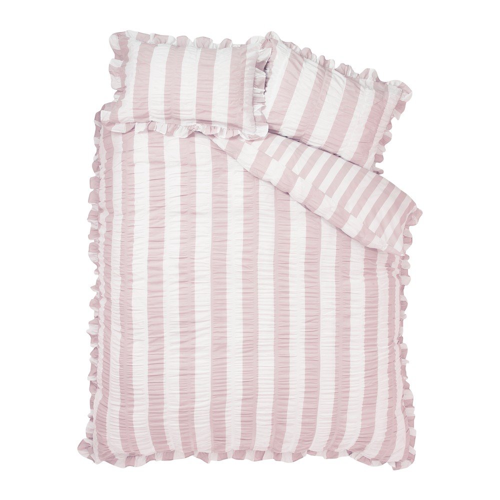 Rožnata enojna posteljnina Seersucker Frill Stripe