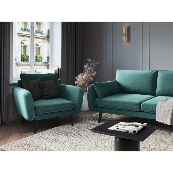 Petrolej moder žameten fotelj s črnimi nogami Kooko Home Lento-image-1