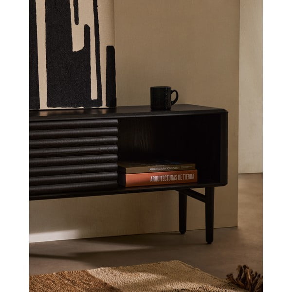 Črna TV omarica v hrastovem dekorju 200x57x35 cm Lenon – Kave Home-image-3