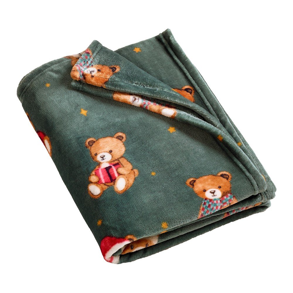Temno zelena odeja z božičnim motivom 170x130 cm Christmas Tartan Teddy Bear