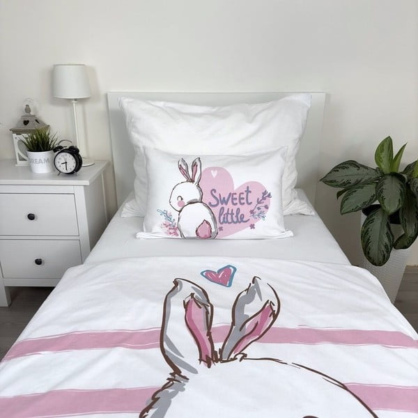 Rožnato-bela bombažna otroška posteljnina za otroško posteljico 100x135 cm Bunny "Sweet" – Jerry Fabrics-image-3
