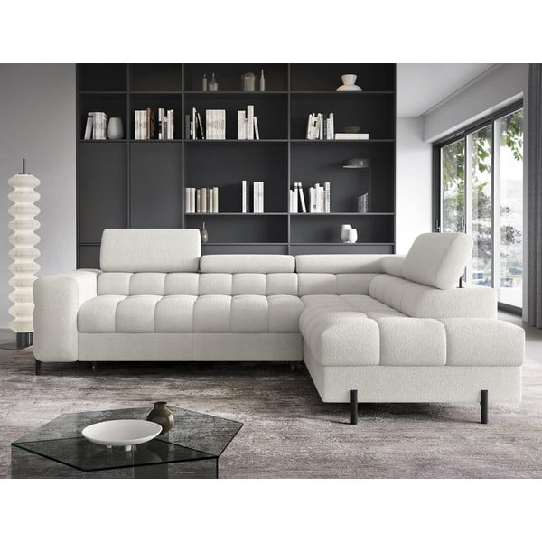 Kremno bela raztegljiva/s prostorom za shranjevanje kotna sedežna garnitura iz tkanine bouclé (desni kot/v obliki črke L) Ferucce – ELTAP-image-1