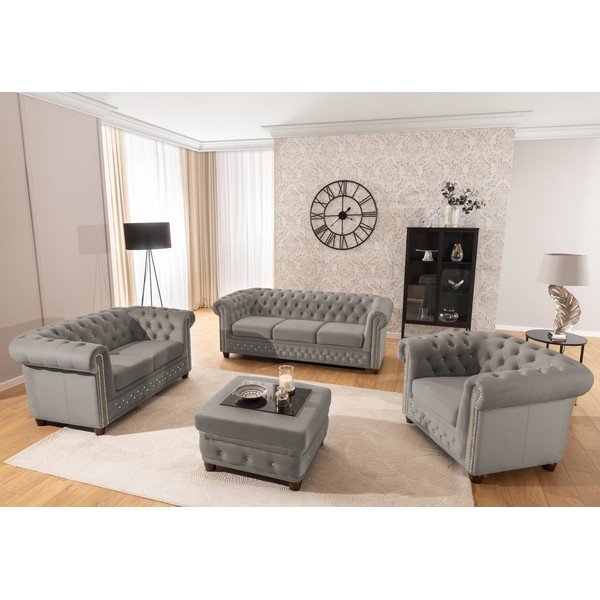 Siv žameten Chesterfield fotelj York Blik – Ropez-image-3