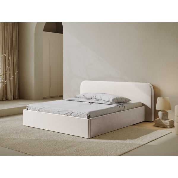 Slonokoščena oblazinjena zakonska postelja s prostorom za shranjevanje in z letvenim dnom 180x200 cm Elizabeth – Micadoni -image-1