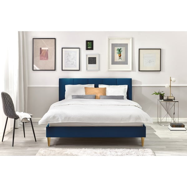 Temno modra žametna zakonska postelja Bobochic Paris Vivara Light, 180 x 200 cm-image-4