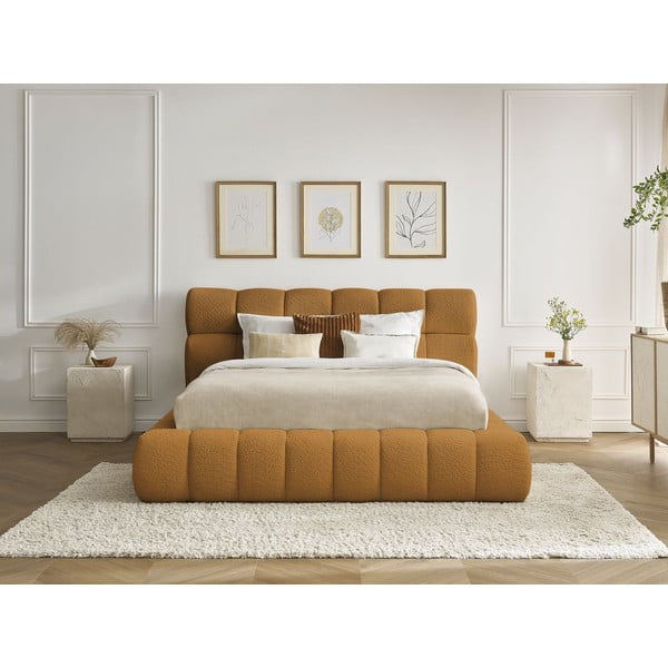 Gorčično rumena oblazinjena zakonska postelja s prostorom za shranjevanje z letvenim dnom 160x200 cm Mont Blanc – Bobochic Paris-image-1