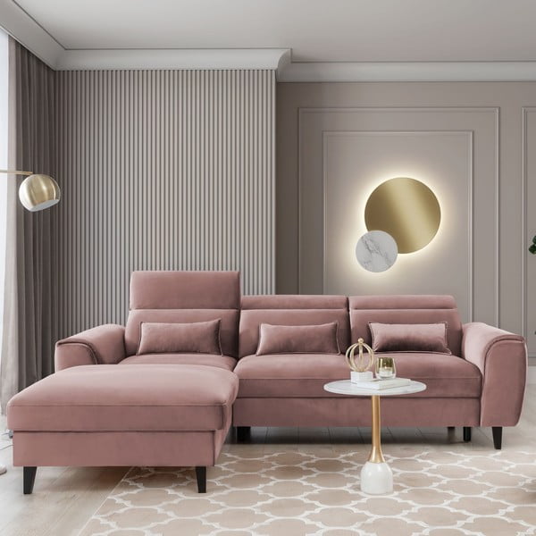 Rožnata žametna raztegljiva/s prostorom za shranjevanje kotna sedežna garnitura (levi kot/z ležalnikom) Foble – ELTAP-image-1
