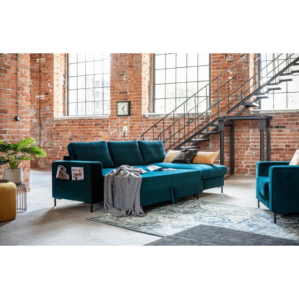 Modrozelena žametna raztegljiva kotna sedežna garnitura (desni kot) Lofty Lilly – Miuform-image-4