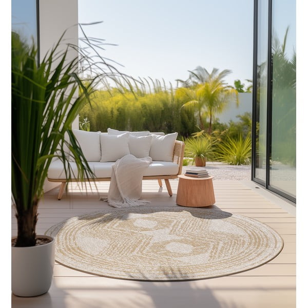 Oker rumena/kremno bela okrogla zunanja preproga ø 140 cm Gemini – Elle Decoration-image-1