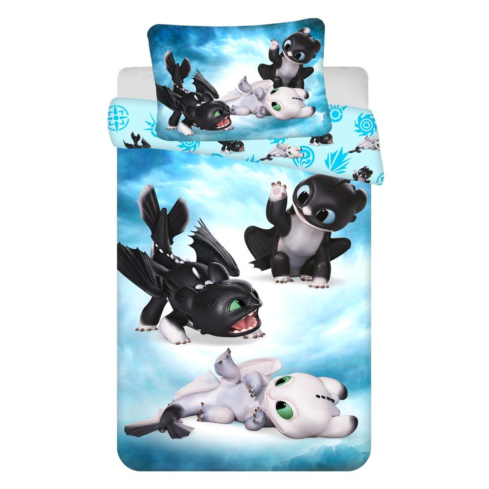 Modra bombažna otroška posteljnina za otroško posteljico 100x135 cm How to Train Your Dragon "Babies"