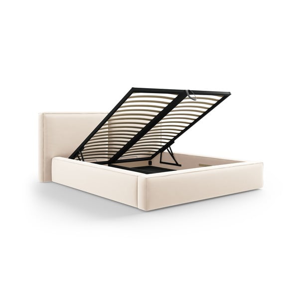 Kremno bela žametna oblazinjena zakonska postelja s prostorom za shranjevanje in z letvenim dnom 200x200 cm Arendal – Cosmopolitan Design-image-2