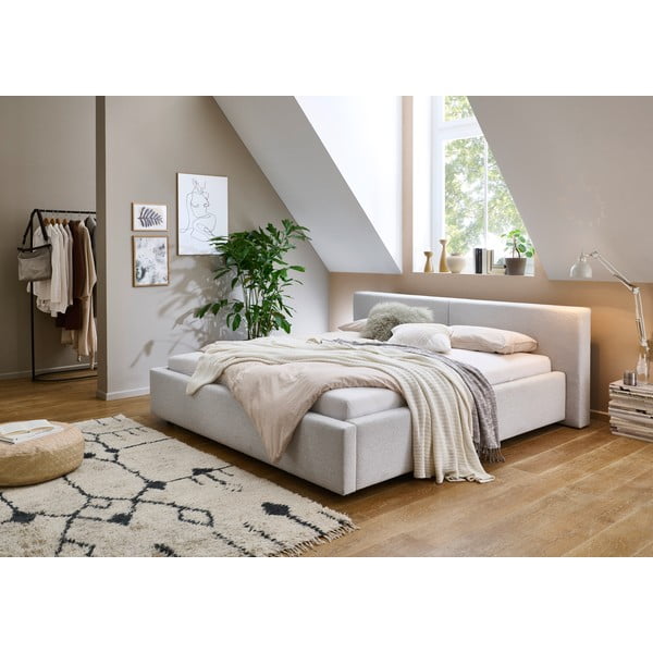 Svetlo siva oblazinjena zakonska postelja s prostorom za shranjevanje z letvenim dnom 160x200 cm Cube – Meise Möbel-image-1