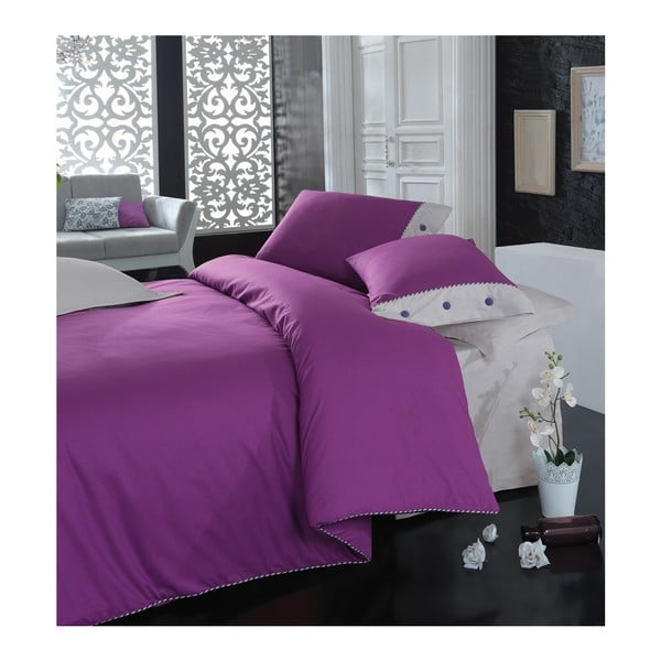 Vijolična posteljnina z rjuho za zakonsko posteljo Ravna, 200 x 220 cm
