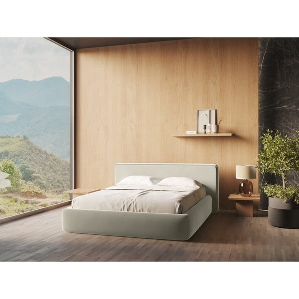 Kremno bela oblazinjena zakonska postelja s prostorom za shranjevanje z letvenim dnom 180x200 cm Kiana – Makamii-image-1