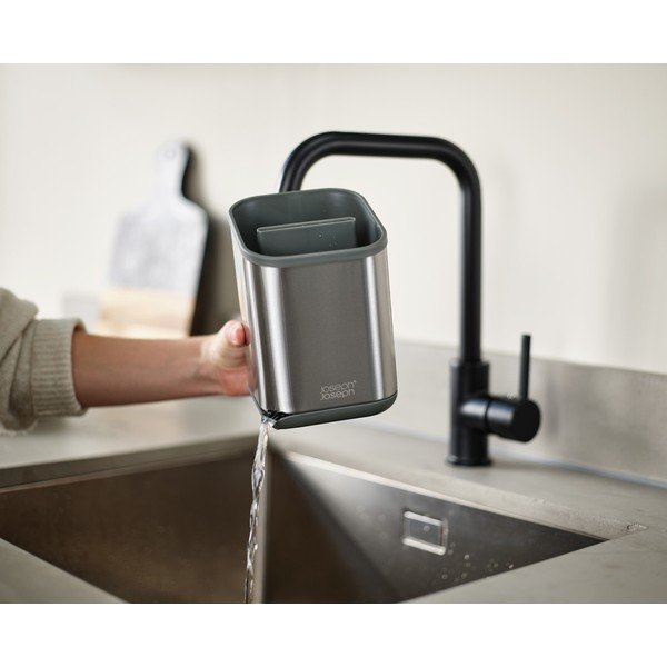 Odcejalnik posode za pribor iz nerjavečega jekla v sijajno srebrni barvi 11x11,5 cm Duo Steel – Joseph Joseph-image-3