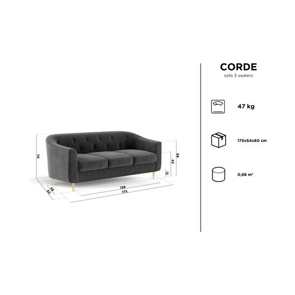Rdeča žametna zofa Kooko Home Corde, 175 cm-image-2
