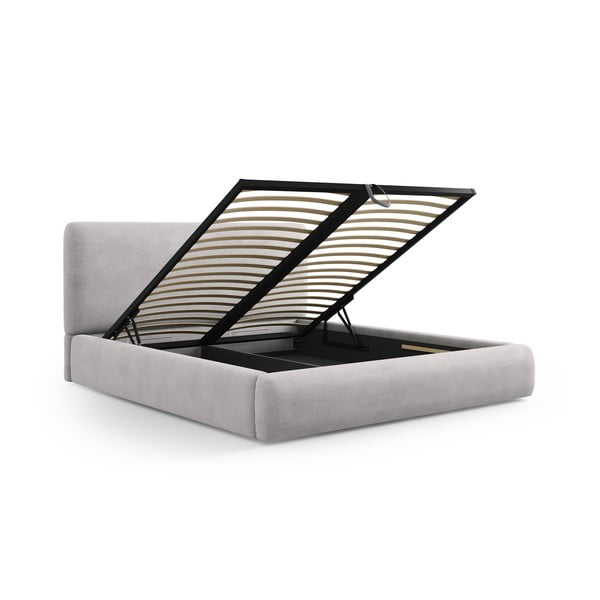 Svetlo siva oblazinjena zakonska postelja s prostorom za shranjevanje in letvenim dnom 140x200 cm Colonel – Cosmopolitan Design-image-1