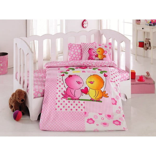 Komplet otroške posteljnine in rjuh Pink Birds, 100x150 cm