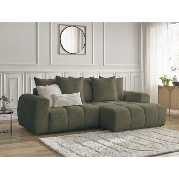 Kaki zelena raztegljiva kotna sedežna garnitura iz tkanine bouclé s prostorom za shranjevanje (desni kot/z ležalnikom) Roxelane – Bobochic Paris-image-4