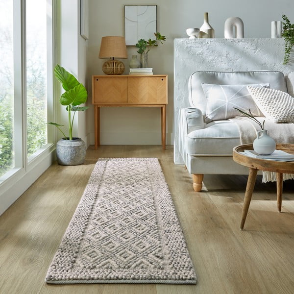 Siv ročno tkan tekač iz mešanice volne 60x230 cm Minerals Diamond – Flair Rugs-image-1