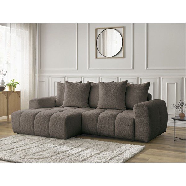 Rjava raztegljiva kotna sedežna garnitura iz tkanine bouclé s prostorom za shranjevanje (levi kot/z ležalnikom) Roxelane – Bobochic Paris-image-3