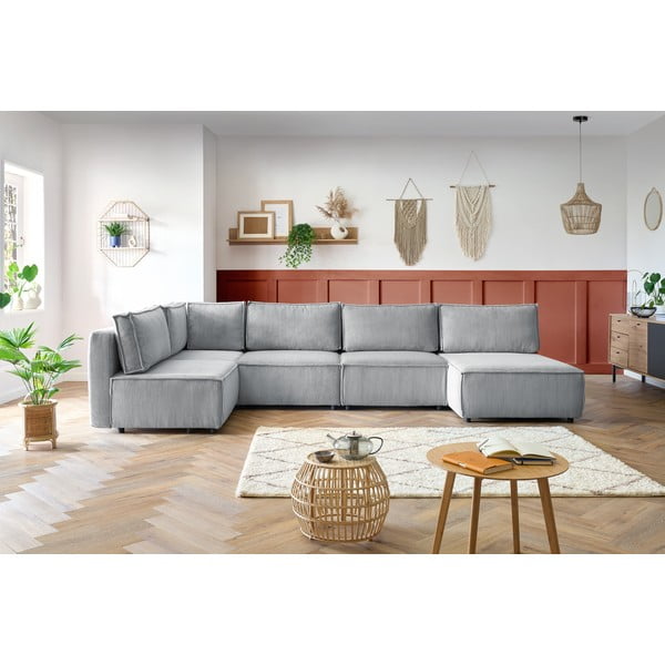 Svetlo siva kotna sedežna garnitura iz rebrastega žameta (v obliki črke "U"/s kotom po izbiri) Nihad modular – Bobochic Paris-image-1