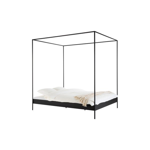 Črna jeklena zakonska postelja brez vzglavja/z ogrodjem za baldahin z letvenim dnom 180x200 cm Eton – noo.ma