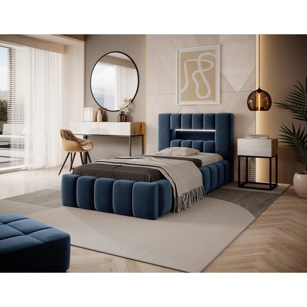 Temno modra oblazinjena postelja s prostorom za shranjevanje in z letvenim dnom 90x200 cm Lamica – ELTAP-image-1
