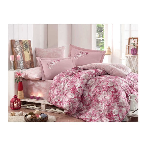 Posteljnina iz bombažnega satena z rjuho za zakonsko posteljo Romina Pink, 200 x 220 cm