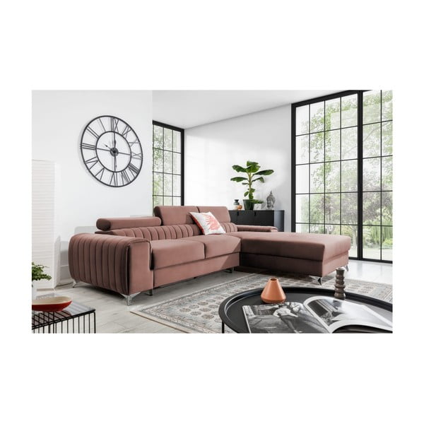 Rožnata žametna raztegljiva/s prostorom za shranjevanje kotna sedežna garnitura (desni kot/z ležalnikom) Grayson – ELTAP-image-1