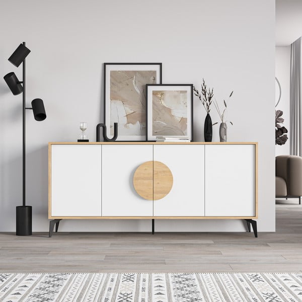 Bela/naravna nizka komoda v hrastovem dekorju 180x82 cm Vae – Marckeric-image-3