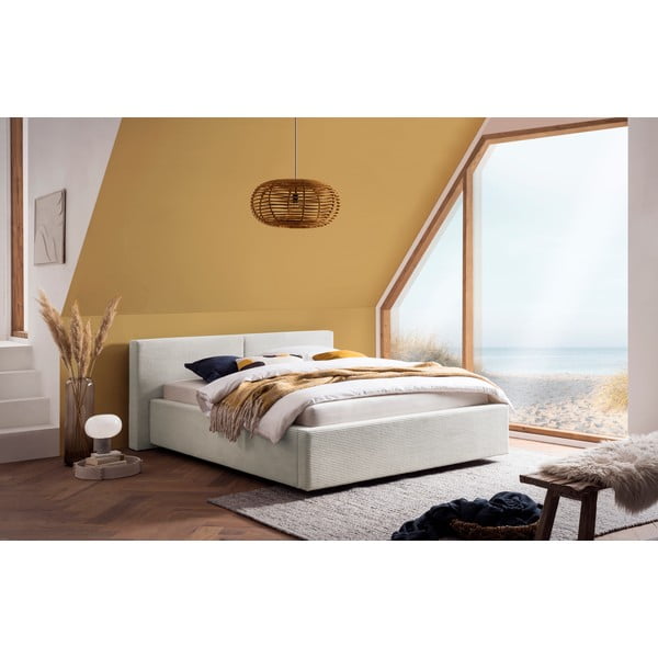 Bež oblazinjena zakonska postelja s prostorom za shranjevanje z letvenim dnom 140x200 cm Cube – Meise Möbel-image-1