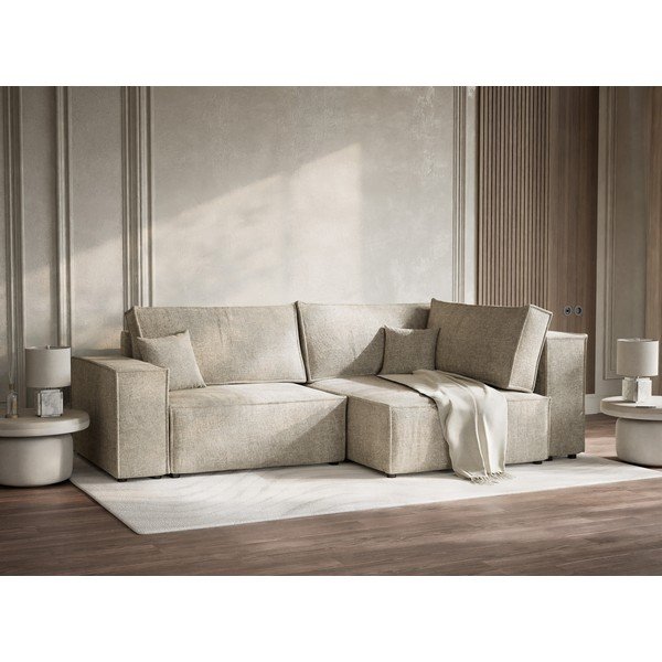 Bež raztegljiva/s prostorom za shranjevanje kotna sedežna garnitura iz šenilje (desni kot/v obliki črke L) Tonga – Maison de Rêve-image-4