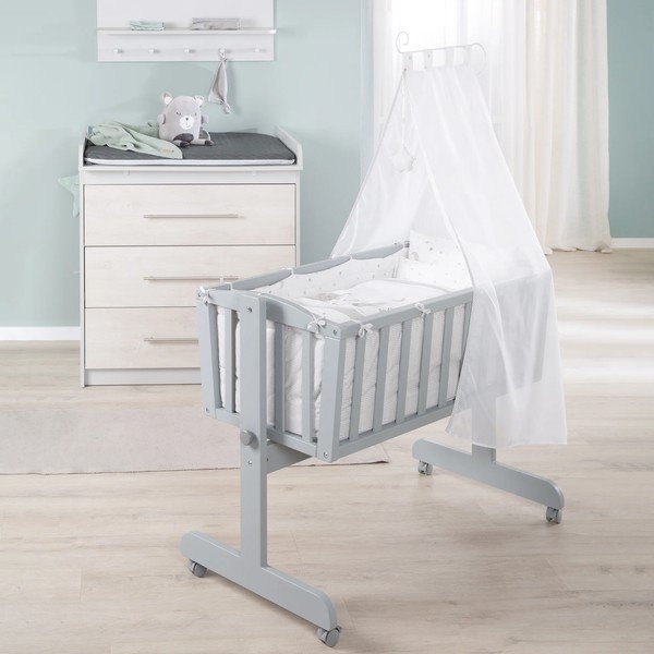 Siva zibelka na koleščkih in z ogrodjem za baldahin 40x90 cm Strenenzauber – Roba-image-1