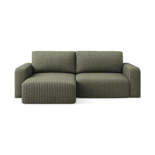 Zelena raztegljiva/s prostorom za shranjevanje kotna sedežna garnitura iz rebrastega žameta (levi kot/z ležalnikom) Kona – Makamii