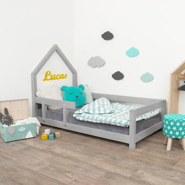 Siva otroška postelja z levo stranico Benlemi Poppi, 90 x 160 cm