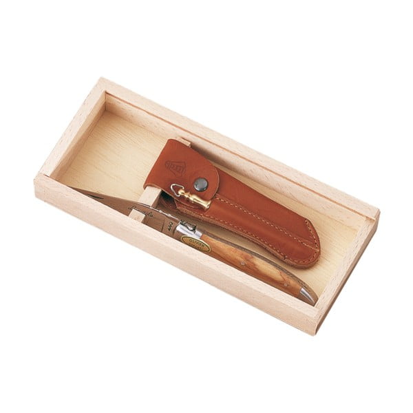 Žepni nož z usnjenim ovratnikom v leseni škatli Jean Dubost