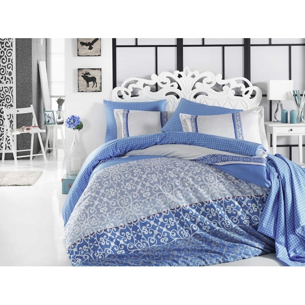 Modro bombažno satenasto posteljno perilo z rjuho za zakonsko posteljo Laura, 200 x 220 cm