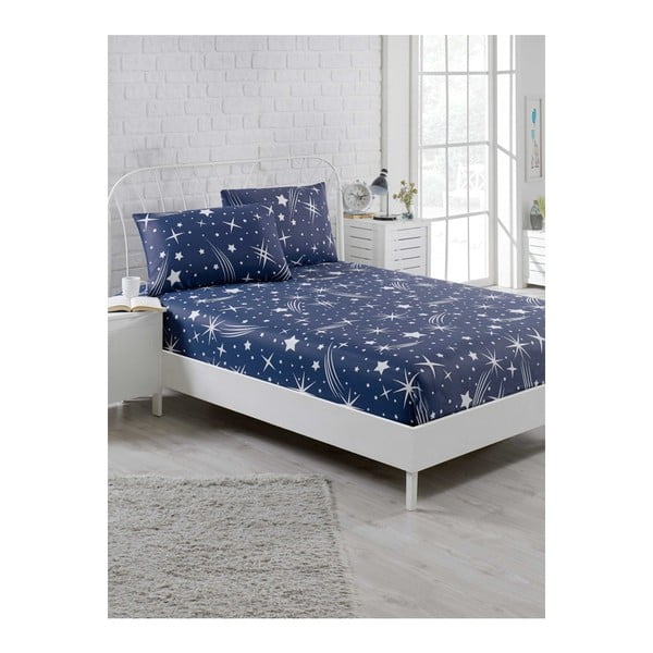 Komplet modre elastične rjuhe in 2 prevleki za vzglavnik za enojno posteljo Clementino Starro, 160 x 200 cm