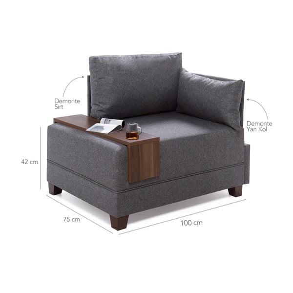 Siv fotelj z naslonom za roke na desni strani in odlagalno desko Balcab Home Martha-image-1