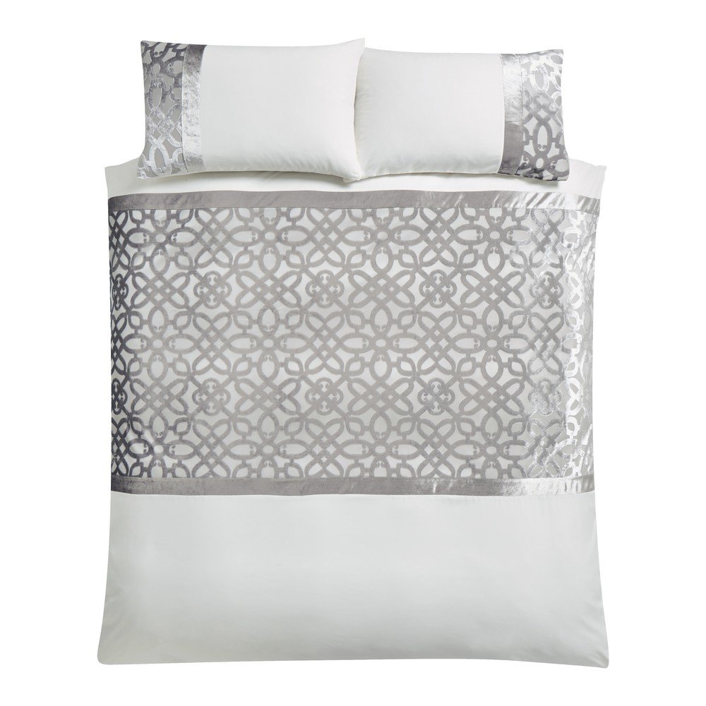 Kremno bela/sivo-bež žametna podaljšana posteljnina za zakonsko posteljo Lattice Cut