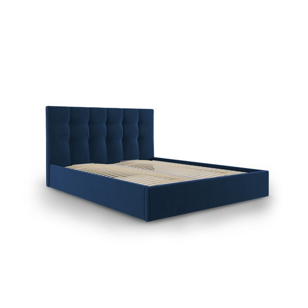 Temno modra žametna zakonska postelja Mazzini Beds Nerin, 160 x 200 cm